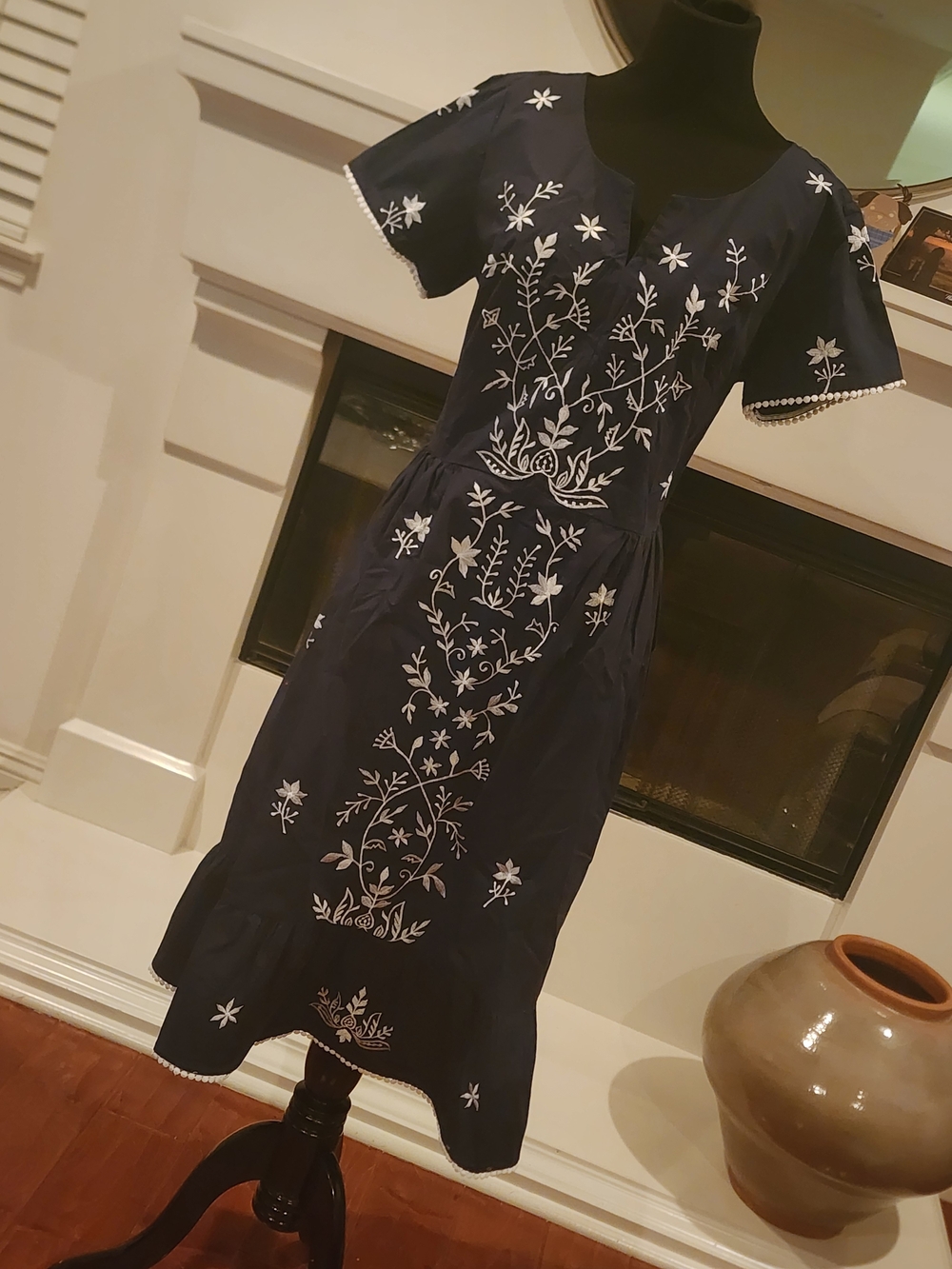 Navy Embroidered Midi Dress with White Floral Details